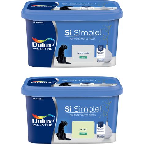 Dulux Valentine Peinture Si Simple Lot de 2 Peinture Intérieure Toutes Pièces Satin - Peinture Murs et Plafonds, Portes et Plinthes - Couleurs : Le Gris Pastel & Le Vert 2,5 L
