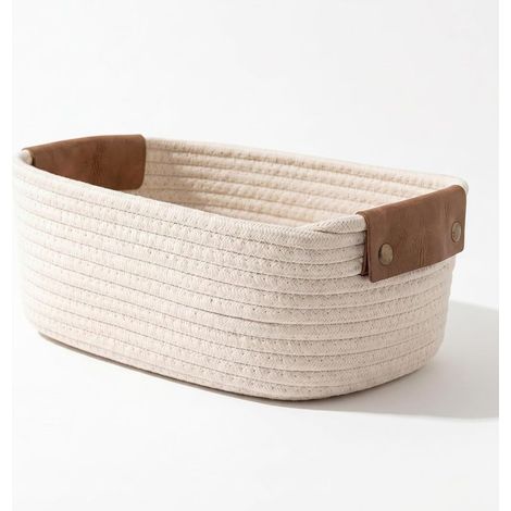 Panier de Rangement Petit (28x22x11cm) - Panier tressé lavable en coton avec poignées en cuir amovibles - Organisateur Boho indéformable pour salle de bain, commode & chambre, Beige (1/5)