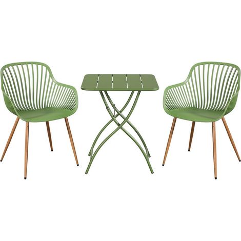 3 Piece Bistro Garden Set with 2 Sunray Armchairs and Square Folding Table - Plastic/Metal - L52 X W58 X H86 cm - Moss Green - Flat Packed