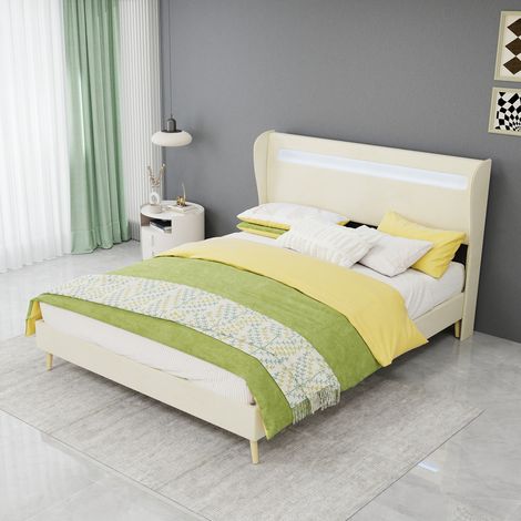 Lit Double Rembourré avec Tête de Lit LED Design Moderne Minimaliste Beige 140x200 cm - PANGIVO (1/5)