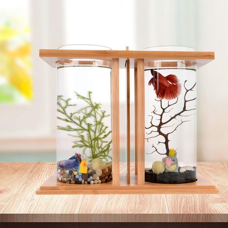 Dual Chamber Bamboo Desktop Aquarium - Mini Betta Fish Tank with LED Light, 360° View Glass Tanks for Goldfish or Small Fish, Home Office Decor