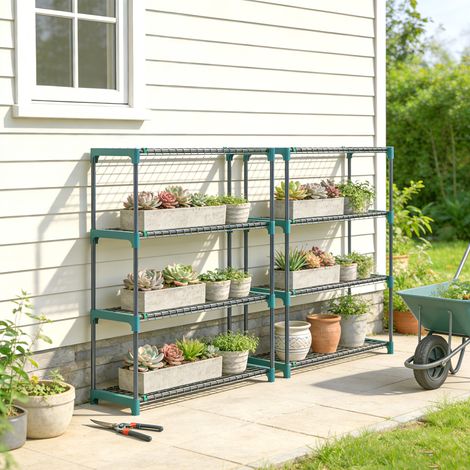 Lot de 2 étagères à plantes 4 niveaux intérieur extérieur supports pour plantes en métal vert 90 x 28 x 104 cm style élégant