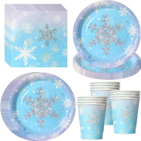 Lot de 52 pièces Vaisselle jetable Flocons de neige, Assiettes 18cm, Gobelets hiver, Serviettes papier, Pour fêtes Noël