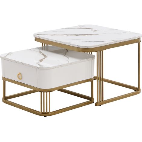 Tables Basses Gigognes mit 1 Schublade, Hochglanz Marmoroptik, Goldfarbener Metallrahmen, Modern, aus MDF, Weiß, 60×60×45+50×50×34 cm (1/5)