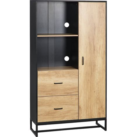 Homcom – Buffet haut 88L x 35l x 160H cm – 1 porte, 3 étagères réglables, 2 tiroirs, 2 niches – Piètement acier noir, aspect chêne clair (1/5)