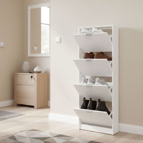 Scarpiera Pesche, Mobile Portascarpe un Ripiano, 4 Ante, kit Fissaggio a Muro Incluso, 58x18x155.5h cm Bianco (1/5)