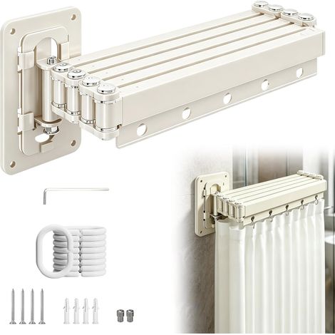 Tringle à rideau de douche sans perçage, pliable en 5 positions avec ventouses et rideau de douche de 1,8 x 2 m, tringle télescopique pour fenêtre, séparateur de pièce et cuisine, blanc (1/5)