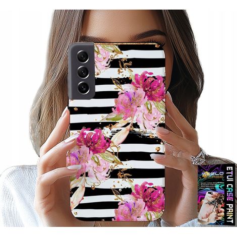Funda para Samsung Galaxy S21 FE - estampado de flores y rayas blancas y negras (1/5)