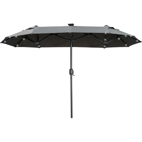 Parasol double, parasol de terrasse, inclinable, avec panneau solaire, 35 LED, structure en acier, gris, 2,92 x 1,50 x 2,18 m