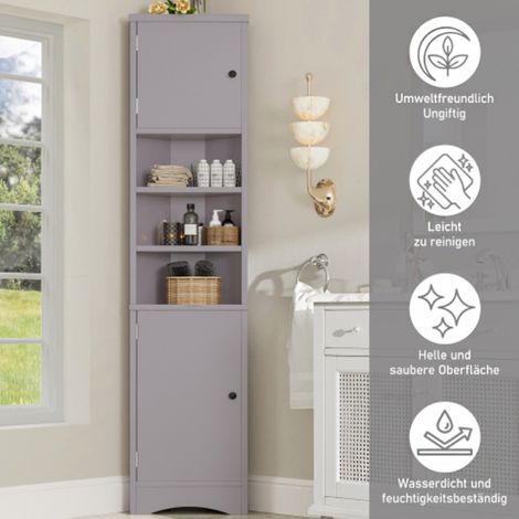 Meuble de salle de bain triangulaire 36,5 x 24,5 x 170 cm, laqué, laque résistante à l'humidité, trois étagères ouvertes, double porte, étagères réglables, gain de place, gris (1/5)