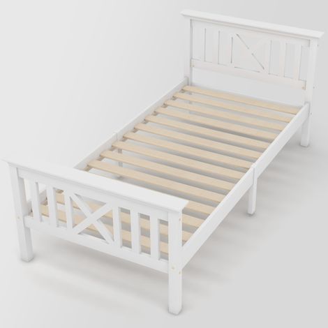 Lit en bois massif, lit individuel 90 x 200 cm, cadre et structure en chêne massif, couleur blanc, adapté aux enfants et adolescents. (1/5)