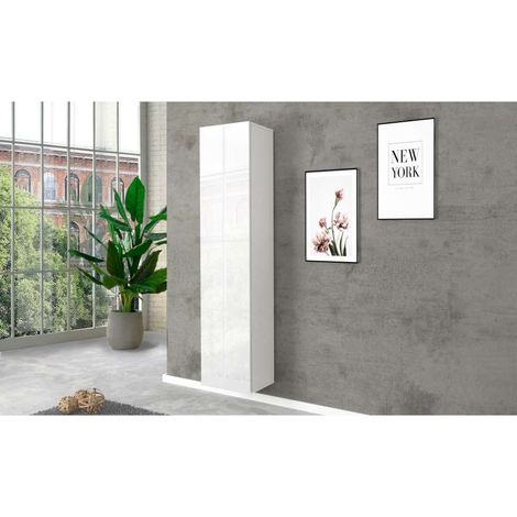 WHOUS - Armadio a Colonna MARUSKA 40x30x180 cm da Terra o Parete - Armadio Multiuso in Legno 4 Ripiani e Anta a Battente - Mobile a Colonna Bianco Lucido con Cerniere in Metallo
