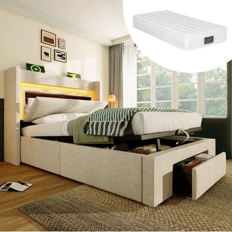Bett Polsterbett 90x200 mit Stauraum LED Beige OKMYHOME