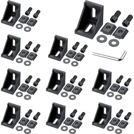 10 PCS D'angle En Alliage D'aluminium Noir, Équerres D'angle À 90 Degrés Pour Profilés 3030 3060, Avec Écrous En T, Vis, Rondelles Et Clé, Pour Le Montage De Structures Industrielles (1/5)