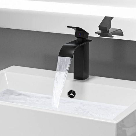 Mitigeur Lavabo - Cascade - Laiton - Hauteur Bec 114 mm - Noir - Pour Lavabo et Vasque - 1 Pièce (1/4)