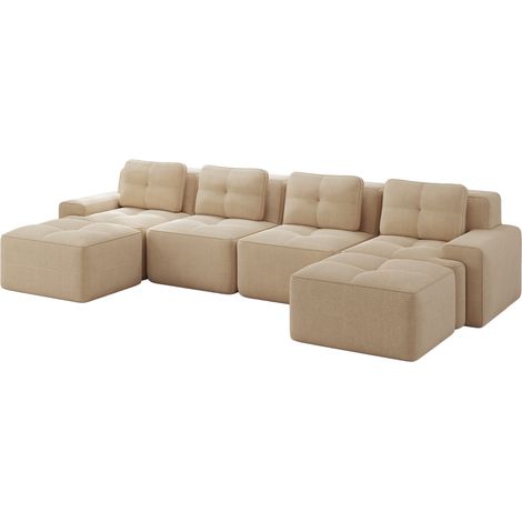 Sofá modular de 4 plazas con chaise longue en U de pana beige 382x177x69 cm HOMVRA (1/5)
