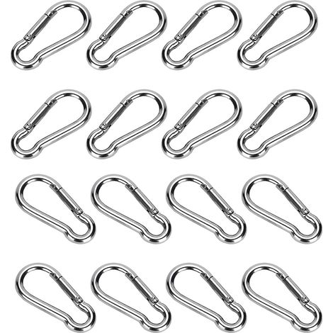 Lot de 16 Mousquetons Inox - Acier Inoxydable - Fermeture Auto Sécurisée - Escalade Camping Sac - 40 x 20 mm