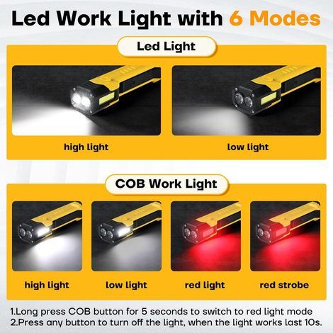 Lampe de travail rechargeable, lampe de travail LED 3000 mAh avec base magnétique et crochet de suspension, 6 modes d'éclairage, lampe torche 1500 lumens pour réparation automobile/urgences (jaune) (1/5)