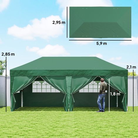 Pavillon d'environ 6 x 3 m, robuste et pliable, résistant à l'hiver, avec fenêtre, porte zippée, panneaux latéraux et protection UV.