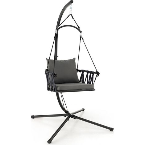 Fauteuil suspendu gris avec support métal renforcé, coussins moelleux, pliable et stable pour jardin, terrasse et intérieur (1/5)