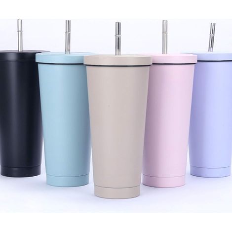 Gobelet en acier inoxydable avec paille et couvercle (gris clair,750ML)