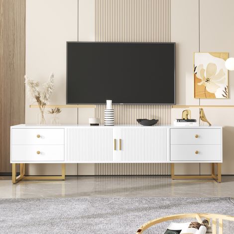 Niedriges TV-Möbel -175x30x46cm - Türstruktur - 4 Schubladen - Goldfarbene Oberfläche (Griffe/Füße) - Weiß