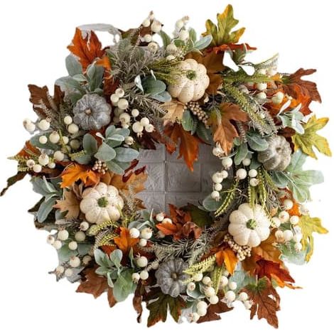 Couronne d'automne, décoration murale, citrouilles blanches et baies 40 cm