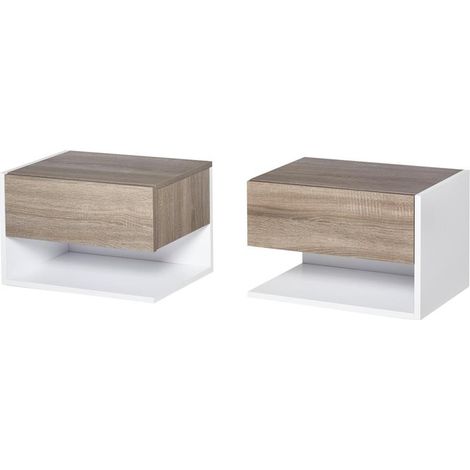 SET 2 COMODINI SOSPESI A PARETE CON CASSETTO E MENSOLA BIANCO E ROVERE (1/5)