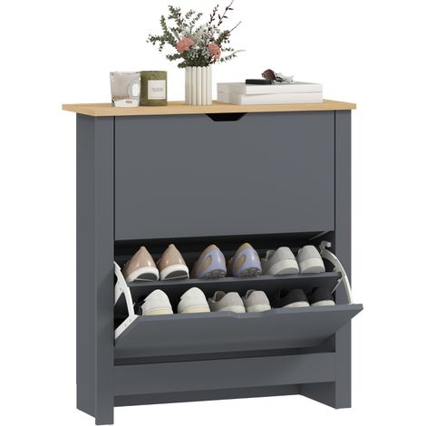 Armoire à chaussures grise avec 2 compartiments rabattables et séparateur ajustable pour 8 à 12 paires, 72 x 26 x 80 cm. (1/5)