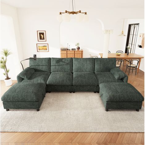 Canapé d'angle modulable 6 places 273,5x133x81 cm, en L ou en U, avec 2 poufs de rangement, chenille vert (1/5)