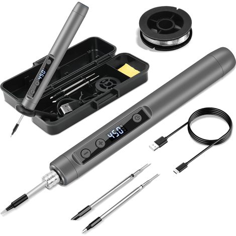 Kabelloses Lötkolben Set, USB Akku Lötkolben mit LCD, Temperatur Einstellbare 180 ℃-450 ℃, 3 Lötspitzen, Lötdraht, Lötset für Reparatur des Schweißens - Grau (1/5)