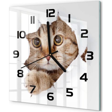 Horloge Murale Carrée Facile à Lire en Verre Silencieuse Salon Cuisine Bureau Chat 30x30 cm (1/5)