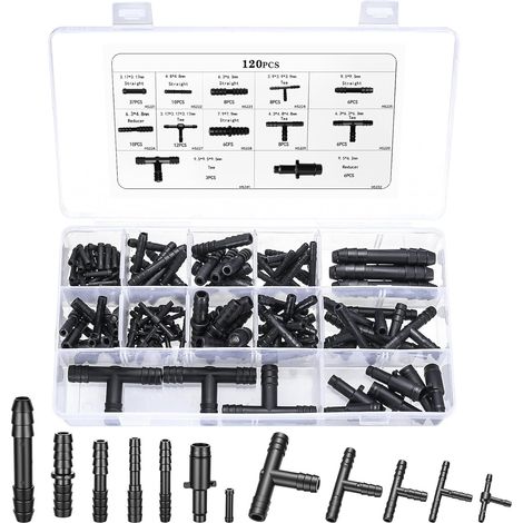 120 Pcs Raccord Tuyau Arrosage, Pièces et Raccords de d'arrosage, en T, Droits Réducteurs pour Tuyaux(Noirs) -