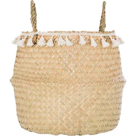 Atmosphera – Panier tressé en seagrass pliable avec pompons – Diamètre 31 cm – Hauteur 27 cm – Poignées pour transport facile (1/3)