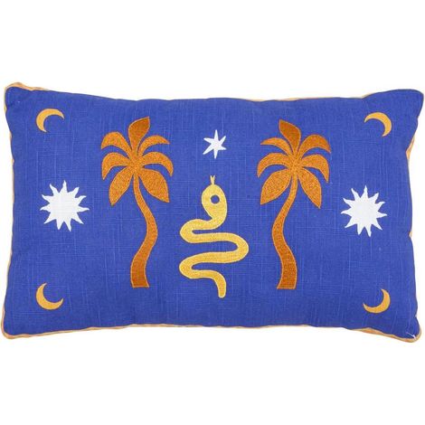 Coussin Déco Brodé "Libertad" 30x50cm Bleu Indigo (1/4)