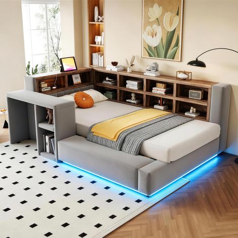 Lit capitonné 90 x 200 cm, avec revêtement capitonné, avec rangements à plusieurs niveaux, éclairage LED, prises intégrées dans la tête de lit, table de chevet, dossier rembourré, gris foncé (1/5)
