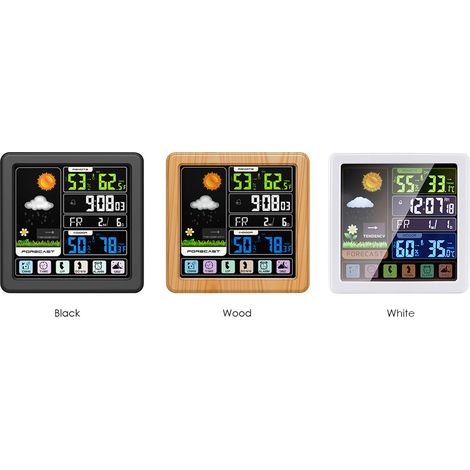 Station météo sans fil avec écran tactile couleur LCD, réveil, thermomètre et hygromètre intérieur/extérieur, port USB et fonction snooze - Noir