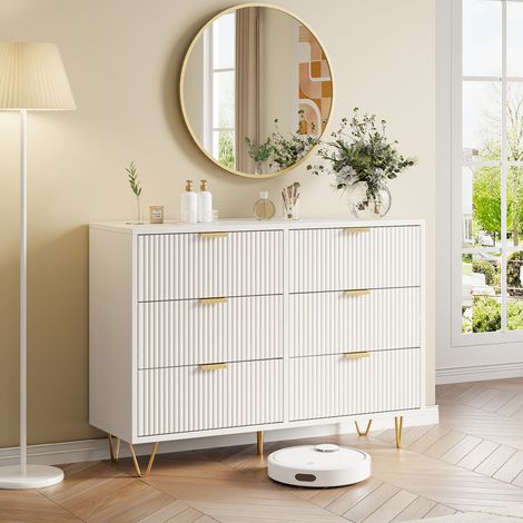 Commode de chambre avec 6 Tiroirs, Meuble d'entrée Elégant, Pieds en Métal Or, Commode Moderne, Blanc, 100 x 34 x 73 cm (1/5)