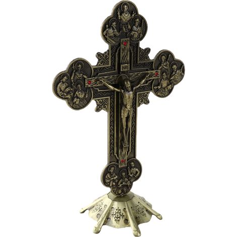 Kreuz auf bronzenem, stabilem Sockel im Vintage-Stil mit roter Einlegearbeit – attraktive, dekorative Tischdekoration aus Metall, ideales Geschenk für Katholiken (1/5)