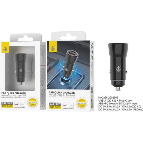 Jc na0256 black / cargador de vehículo usb-c / usb-a 20w