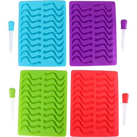 Lot de 4 moules à bonbons en silicone forme ver de terre avec pipette, outils de pâtisserie rouge bleu vert violet