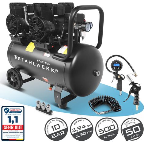 STAHLWERK Compressore con serbatoio da 50 L (ST-510 Pro) - completo di accessori - senza olio e silenzioso, 10 bar, compressore d'aria con motori brushless, 3,94 CV, 2,9 kW, 500 l/min, compressore sil