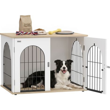 Cage pour chien - meuble cage chien intérieur - PawHut - arche avec double porte comme table d'appoint - métal - 80x56x59cm - blanc (1/5)