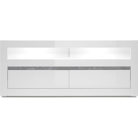 Modernes TV-Lowboard COGO-61 in weiß Hochglanz inkl. LED und Griffmulden in Betonoptik  BxHxT: 150x63x42cm (1/5)