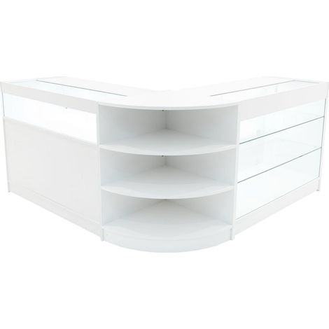 Comptoirs de Vente MDF Blanc à LED Blancs Ensemble Demeter LM60 K1200 B1200 3 Unités de Rangement Étagères Internes Portes Coulissantes Verouillables Réception Bureau Vêtements Bijoux [Clés INCLUS] (1/5)