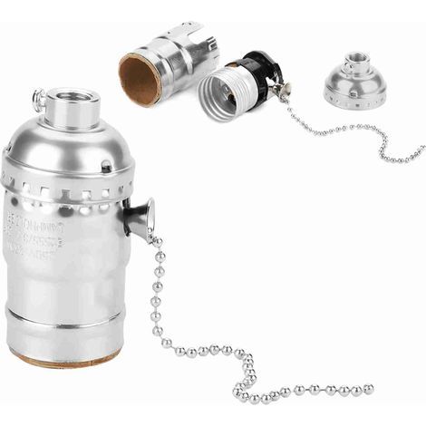 Vintage-style aluminum E27 socket with chain for desk lamp, screw base (silver) (1/5)