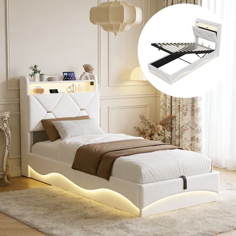 Polsterbett 90x200 cm mit Bettkasten, Einzelbett aus Samt mit LED, USB-Anschlüssen, Stauraum-Kopfteil und Lattenrost, Weiß