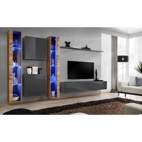 Ensemble mural - Switch XVI - 2 vitrines LED - 2 vitrines carrées - 1 banc TV - 1 étagère - Bois et graphite - Modèle 1 - Livraison gratuite