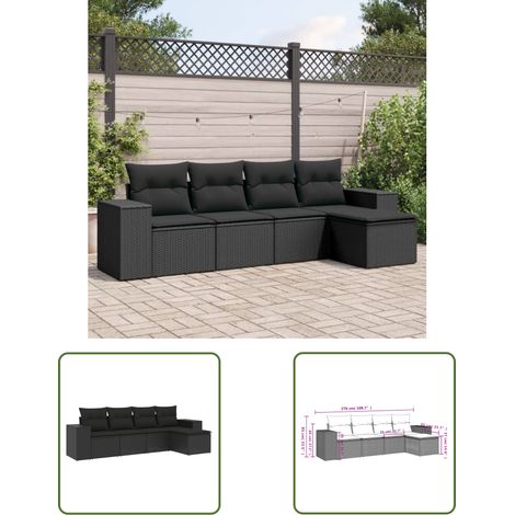 The Living Store 5-tlg. Garten-Sofagarnitur mit Kissen Schwarz Poly Rattan - Gartensofas - Outdoor Möbel - Gartenmöbel Set - Rattan Gartenmöbel - Polyethylen Furniture (1/3)