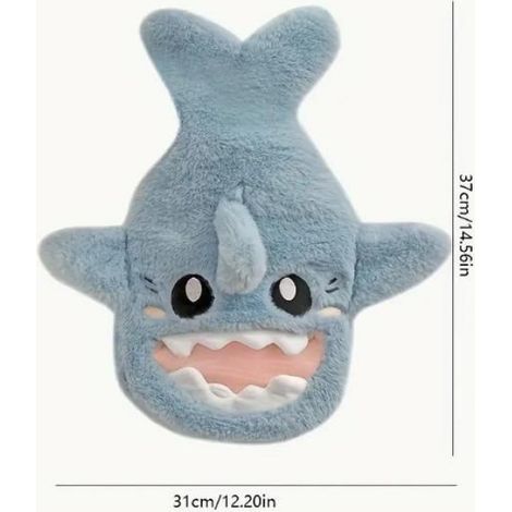 Bouillotte 1 L – avec housse en peluche motif requin mignon – garde l’eau chaude jusqu’à 6 h – cadeau idéal – Bleue (1/4)
